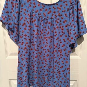 LOFT Blue Blouse with Red Floral Pattern